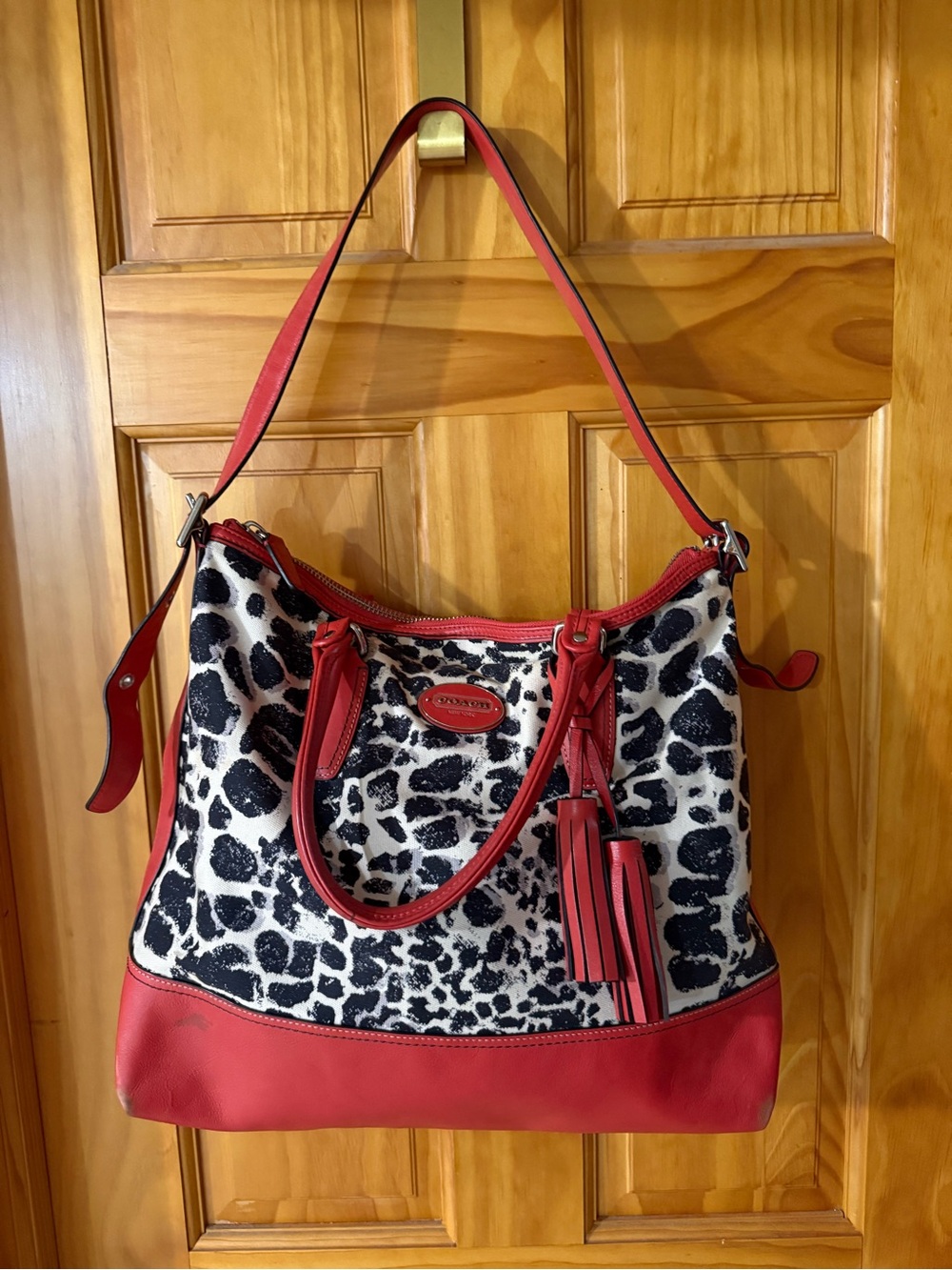 Coach Red Trim Animal Print Shoulder Bag